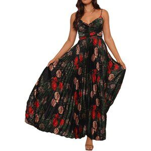 Women's Green Flower Polyester Pleated Adjustable Spaghetti Strap Maxi Dress